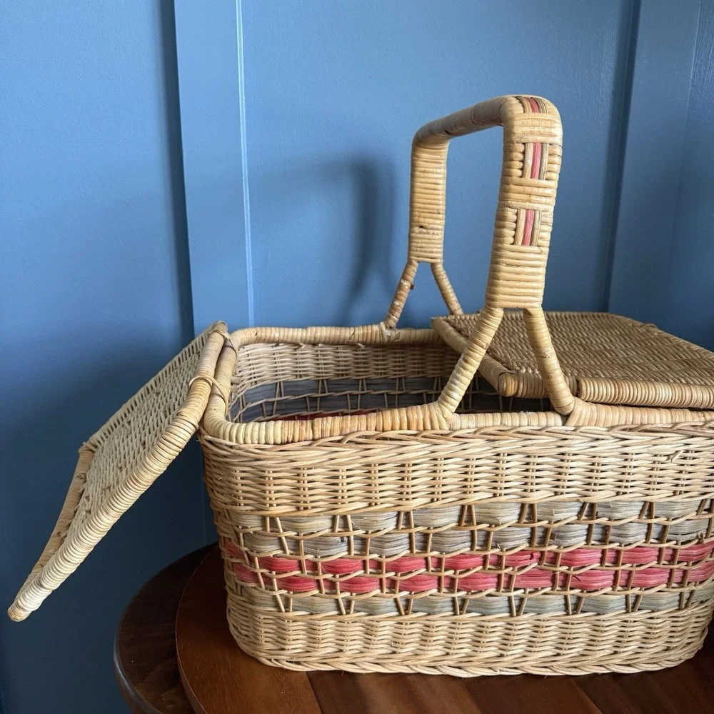 Vintage Wicker Picnic Market Basket Double Lid Terracotta Sage Large